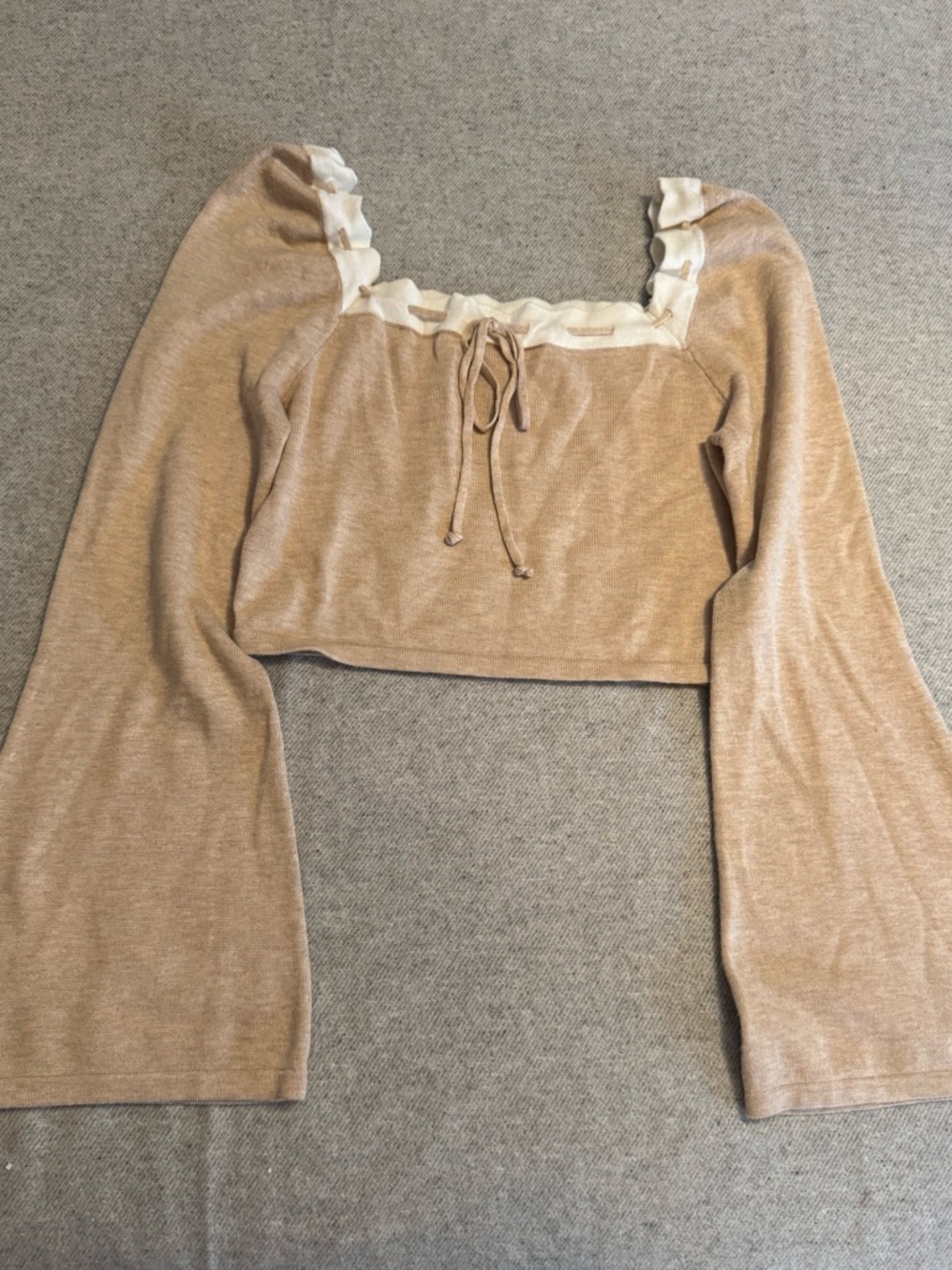 Beige Cropped Long-Sleeve Top with Ruffle Trim and Tie NWOT